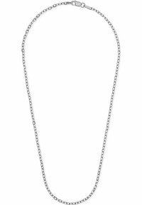 Collana in argento con maglie ovali, caratterizzata da una finitura liscia e da un gancio sicuro, che mostra un design uniforme e una texture lucida.