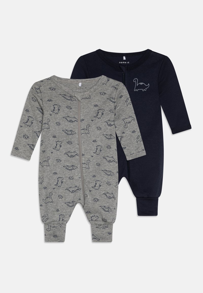 To baby rompers: en grå med dinosaur-print, glidelås og lange ermer; en marineblå med dinosaur-silhuett, lange ermer og uten glidelås.