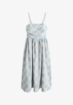 Varrukateta midi-kleit õhukeste rihmadega, kogutud vöökohaga, beež taust ja tekstuurse helesinise abstraktse lillemustriga.