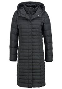 Black puffer coat featuring a hood, long sleeves, quilted texture, front zipper closure, and button accents, extending to mid-thigh length.