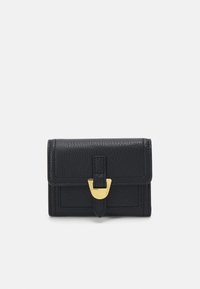 Black leather wallet featuring a textured finish, compact rectangular shape, and a gold-tone hardware clasp at the front.