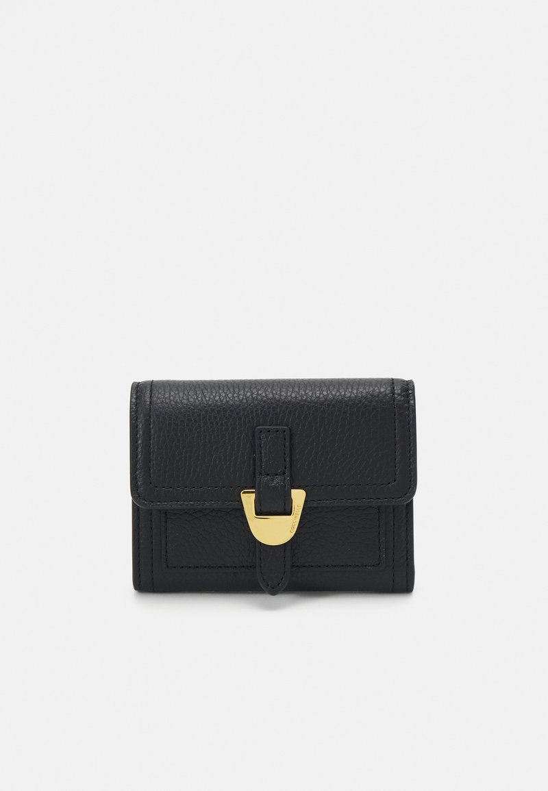 Black leather wallet featuring a textured finish, compact rectangular shape, and a gold-tone hardware clasp at the front.