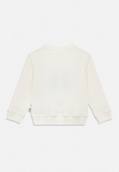 Weißes Sweatshirt mit Rundhalsausschnitt und langen Ärmeln, mit gerippten Bündchen und Saum, von hinten auf einfarbigem Hintergrund gezeigt.