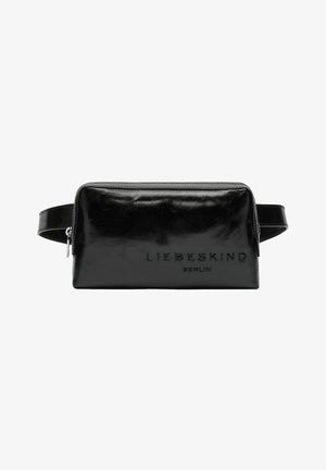 Schwarze Leder-Kosmetiktasche mit glatter Oberfläche, rechteckiger Form und eingeprägtem "LIEBESKIND BERLIN"-Logo auf einer Seite. Verfügt über einen Reißverschluss.