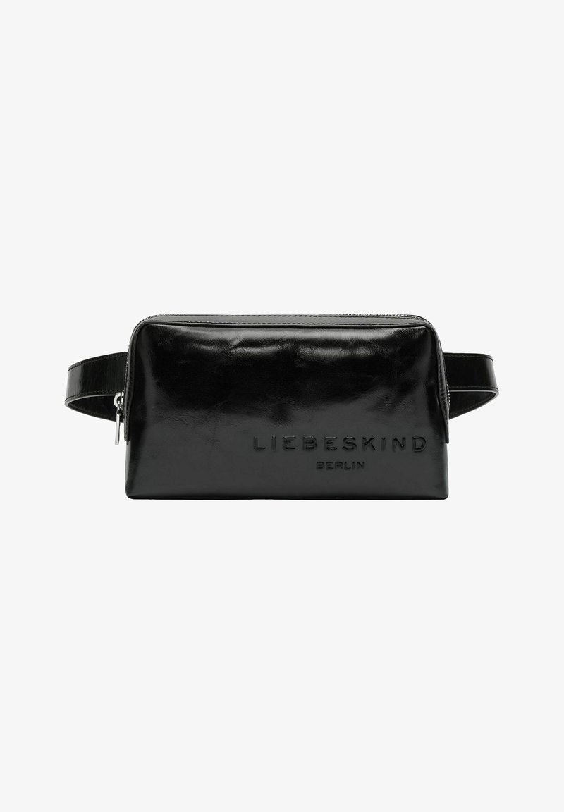 Czarna skórzana kosmetyczka o gładkiej fakturze, prostokątnym kształcie i wypukłym logo "LIEBESKIND BERLIN" z jednej strony. Posiada zamek błyskawiczny.