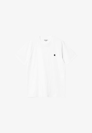 Camiseta Carhartt blanca de manga corta con pequeño logo negro en el pecho izquierdo, cuello redondo y etiqueta de tamaño mediano en el interior del cuello.