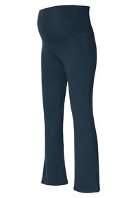 Zwangere legging in marineblauw, gemaakt van rekbare stof, met een hoge tailleband en uitlopende benen voor comfort en flexibiliteit.