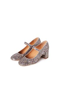 Scarpe Mary Jane glitterate rosa, blu e argentate con una cinturino, punta arrotondata e un tacco a blocco a medio altezza e robusto. Fodera interna liscia.