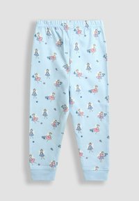 Pantaloni pentru copii de culoare albastră deschisă, cu talie elastică, împodobiți cu ilustrații de zâne roz și albastre care țin flori și fluturi.