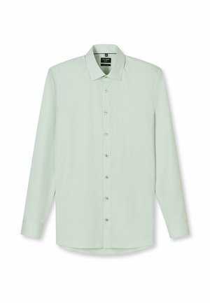 Hellgrünes Herrenhemd mit langen Ärmeln, Knopfleiste vorne und spitzem Kragen, liegend auf einem weißen Hintergrund dargestellt.