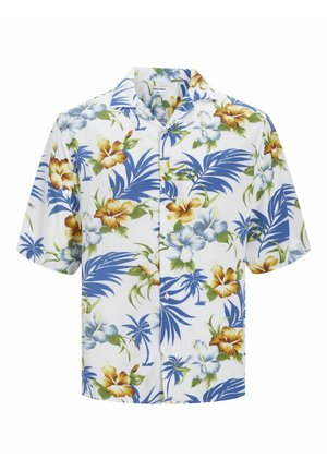 Kortærmet skjorte lavet af letvægtsstof, med en hvid baggrund og farverige blomster- og palmebladsmønstre i blå, gul og grøn.