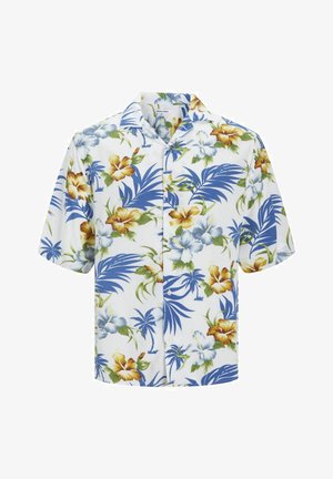 Kortærmet skjorte lavet af letvægtsstof, med en hvid baggrund og farverige blomster- og palmebladsmønstre i blå, gul og grøn.