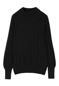 Pull en tricot noir avec col haut, poignets et ourlet côtelés. La texture présente des motifs en relief torsadés pour une apparence confortable.