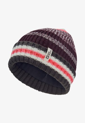 Gebreide beanie met een kastanjebruine top, grijze geribbelde manchet en horizontale strepen in wit, rood en roze. Heeft een klein logo-label op de manchet.