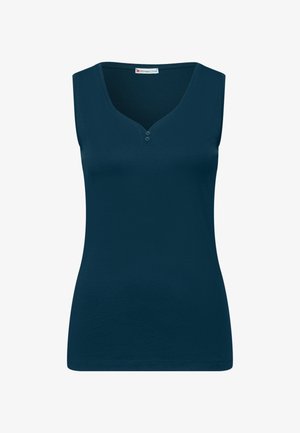 Granatowa, bezrękawnikowa bluzka z dekoltem w kształcie litery V, z dwoma guzikami przy dekolcie, wykonana z miękkiej bawełny, o gładkiej fakturze, dopasowany fason.