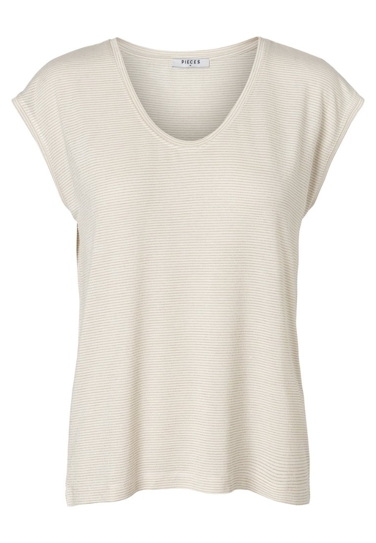 Top de manga corta color beige claro con escote en v, que presenta un patrón de rayas texturizadas y un ajuste holgado. Hecho de tela elástica para mayor comodidad.