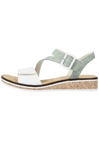 White and light green sandal with a cork midsole, adjustable buckle, and a flat sole featuring a textured bottom for grip.