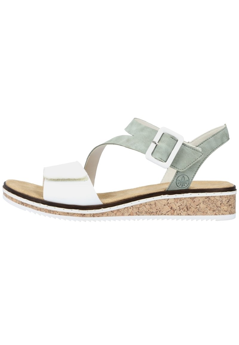 White and light green sandal with a cork midsole, adjustable buckle, and a flat sole featuring a textured bottom for grip.