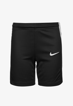 Zwarte shorts van lichtgewicht, vochtregulerende stof, met een grijze accenten aan de zijkanten en een wit Nike-logo aan de voorkant links.
