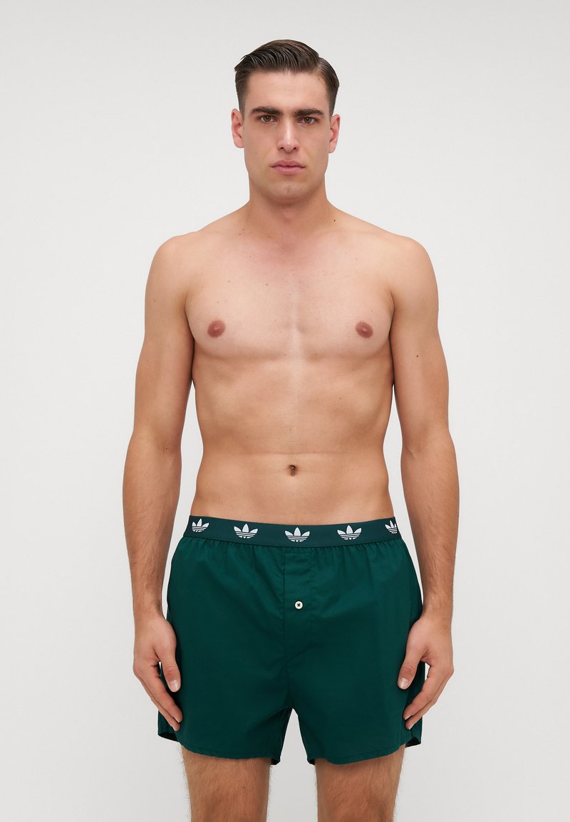 Grønne badetøjshorts med en elastisk talje, der har et hvidt mærke-logo. Materialet ser glat ud og har en knaplukning foran.