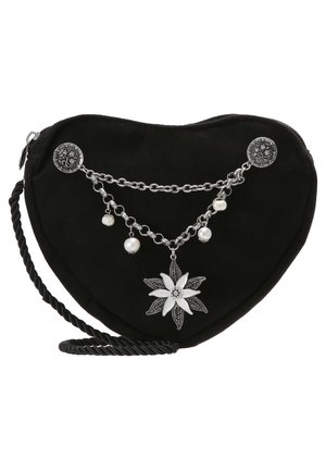 Black heart-shaped bag made of soft material, featuring silver chain accents, pearl beads, and a decorative flower pendant. Zipper closure and braided strap.