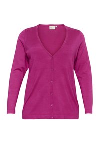 Fuchsia kardigan med V-ringning, långa ärmar och knappstängning. Tillverkad av ett mjukt, lätt tyg. Enkelt design med en slät textur.
