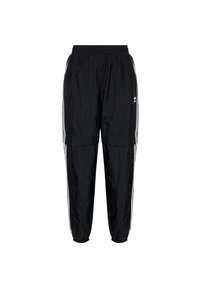 Schwarze Trainingshose aus leichtem, strukturiertem Material. Mit seitlichen Streifen und einem elastischen Bund für eine verstellbare Passform.