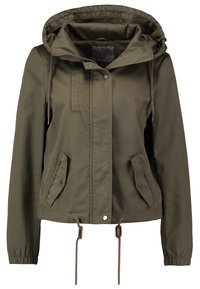 Olijfgroene capuchonjas, met een ritssluiting en drukknoopsluiting, twee zakken aan de voorkant, elastische manchetten en een trekkoordzoom voor een verstelbare pasvorm.