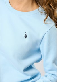 Ljusblå bomulls sweatshirts med ribbad halsringning och långa ärmar; har en liten svart logotyp på bröstet. Slät textur.
