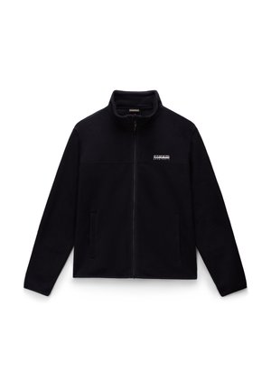 Black fleece jacket with a high collar, full zipper, two front pockets, and a small logo on the chest. Soft texture, relaxed fit.