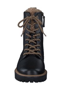 Bottines en cuir noir avec des lacets en cuir synthétique marron texturé, doublure en fausse fourrure, fermeture éclair à l'avant et semelle robuste pour une meilleure traction.