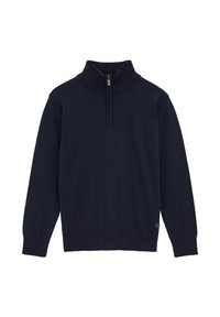 Marinblå tröja med rund hals som är tillverkad av mjukt stickat material, med dragkedja i halsen, ribbad krage och muddar, samt en liten logotyp vid kanten.