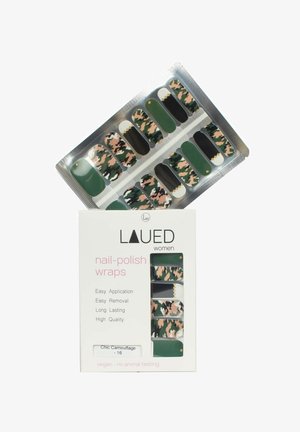 Nagellackfolien mit einem Tarnmuster in grünen, schwarzen und pinken Farbtönen. Enthält 16 Stück. Verpackt in einer weißen Box mit Produktdetails.