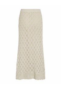 Longue jupe en crochet beige avec motif losange et ourlet festonné, taille élastique et silhouette légèrement évasée.