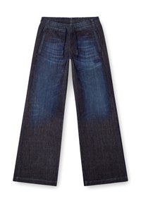 Pantalons en denim à jambes larges en bleu foncé avec une finition lisse. Dotés d'une taille élastique et d'un cordon de serrage. Comprend des poches avant.