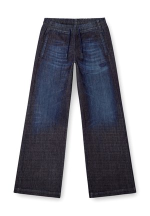 Bredde denimbukser i mørkeblå med en glattet finish. Har elastisk midje og snøring. Inkluderer frontlommer.