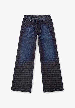 Wide-leg denim pants in dark blue with a smoothed finish. Features an elastic waistband and drawstring. Includes front pockets.