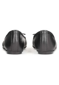 Paire de chaussures plates en cuir noir vues de dos sur fond blanc.