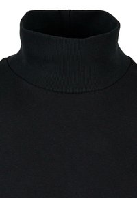 Svart turtleneck genser med ribbestrikket hals. Glatt tekstur, tettsittende design. Tøyet virker lett og elastisk.
