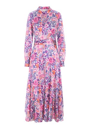 Bloemenjurk met lange mouwen, in levendige roze, paarse en oranje kleuren. Heeft een knoopsluiting bij de kraag en een vloeiend, gelaagd rok.