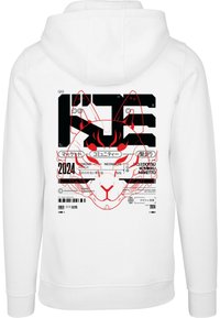 Weißer Hoodie mit einem Grafikdesign eines Katzenkopfes, akzentuiert mit roten und schwarzen Texten sowie verschiedenen japanischen Zeichen und Zahlen.