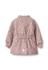 Pikowana kurtka w różowy kwiatowy wzór, z prążkowanymi mankietami i talią zebrana w gumkę, z okrągłą naszywką z logo na dole, na środku pleców.