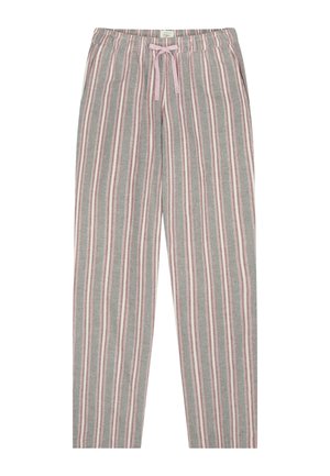 Gestreepte broek van zacht materiaal, ideaal voor casual outfit. De broek heeft dunne verticale strepen in grijs, roze en wit, en is voorzien van een elastische tailleband met een koord.