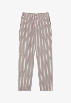 Pruhované kalhoty z jemné látky, které mají tenké šedé, růžové a bílé vertikální pruhy, elastický pas se šňůrkou na stažení.