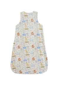 Vêtement sans manches pour enfants en tissu léger, arborant un imprimé animalier intégral en bleu, orange et jaune sur fond blanc.