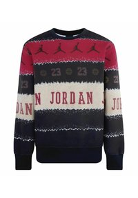 Felpa realizzata in tessuto con motivo a maglia multicolore. Presenta strisce rosse, nere e crema, grafiche di basket e il testo "JORDAN 23".