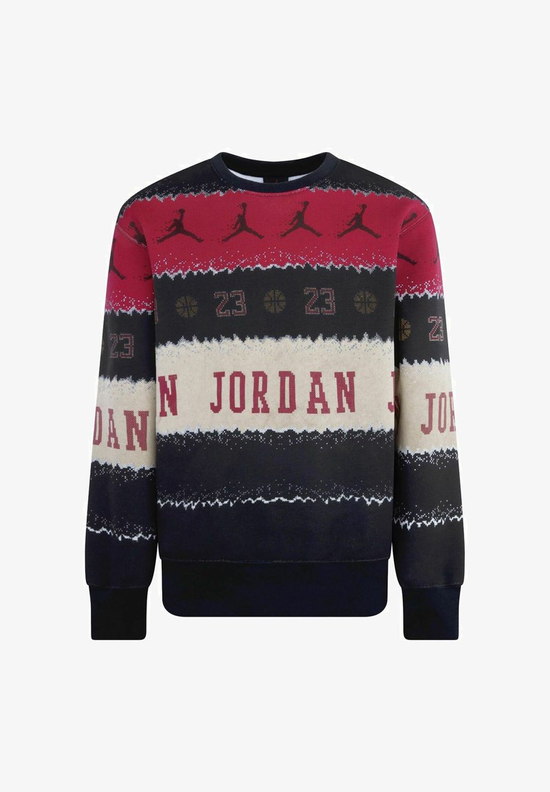 Felpa realizzata in tessuto con motivo a maglia multicolore. Presenta strisce rosse, nere e crema, grafiche di basket e il testo "JORDAN 23".
