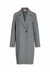 Manteau gris avec un col cranté, une fermeture à un bouton et des poches latérales. Texture lisse et silhouette droite, idéal pour le superposition.