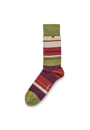 Calzino rigato multicolore con verde, bordeaux, rosso e beige. Materiale in misto cotone con polsino a costine e punta rinforzata.
