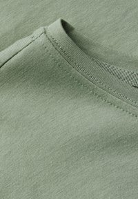 Jasnozielony bawełniany t-shirt, z prążkowanym okrągłym dekoltem i gładką teksturą, z widocznymi detalami szwów wzdłuż szwów.